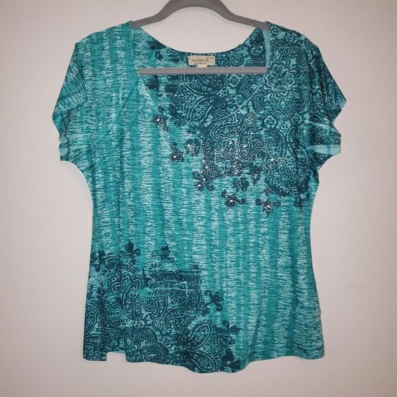 ONE WORLD TEAL PAISLEY RHINESTONE BURNOUT SHORT SLEEVE TEE  SIZE MP - Picture 1 of 4